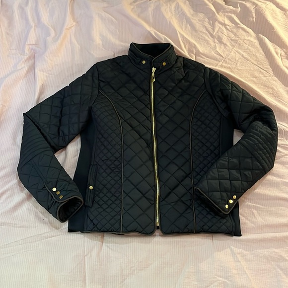 YMI Quilted Black and Tan Fur Lined Jacket Gold Accents - Picture 3 of 17